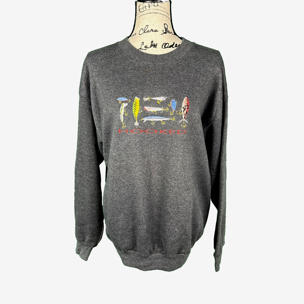 Fishing Lure Sweatshirt Womens L Embroidered Hooked Outdoor Fisherman Novelty